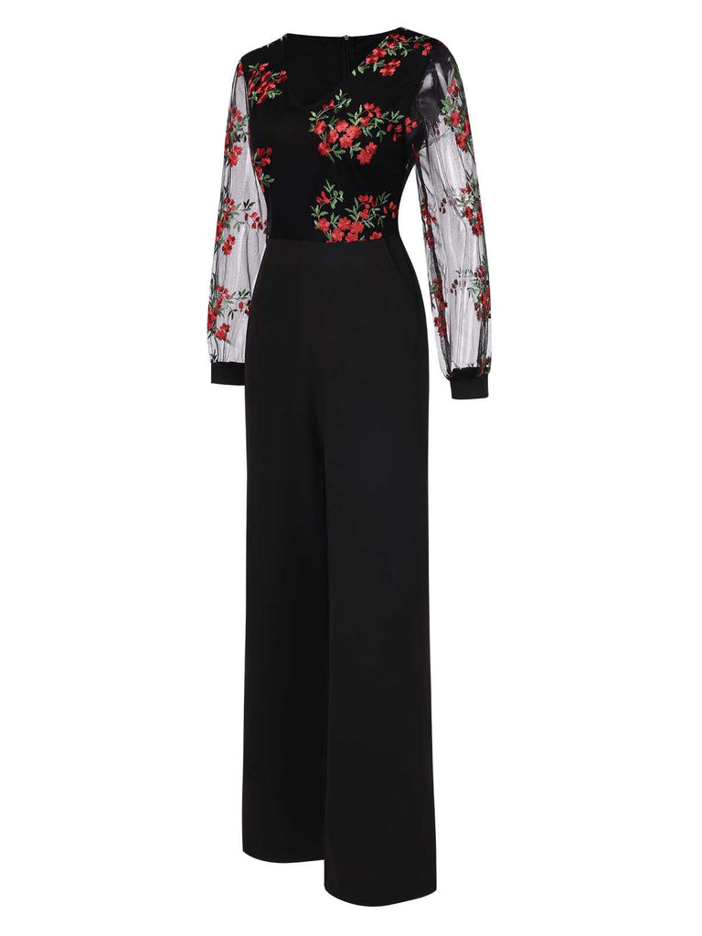 This Black 1970s Embroidered Floral Jumpsuit whispers 1970s secrets to those who notice