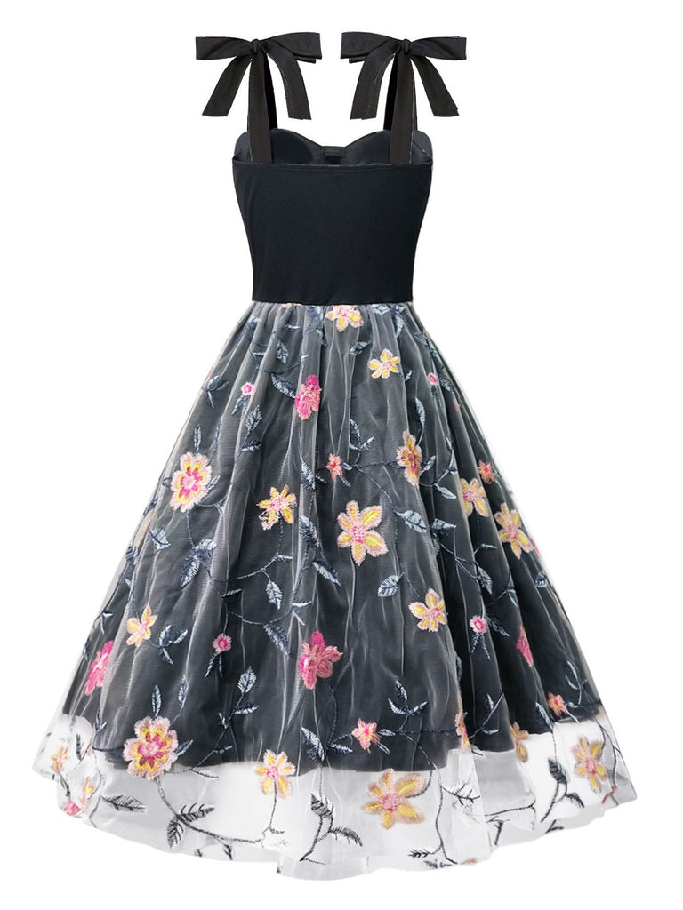 Black 1970s Embroidered Floral Patchwork Mesh Dress, vintage dress, retro fashion, floral print - perfect for women who love vintage and retro fashion
