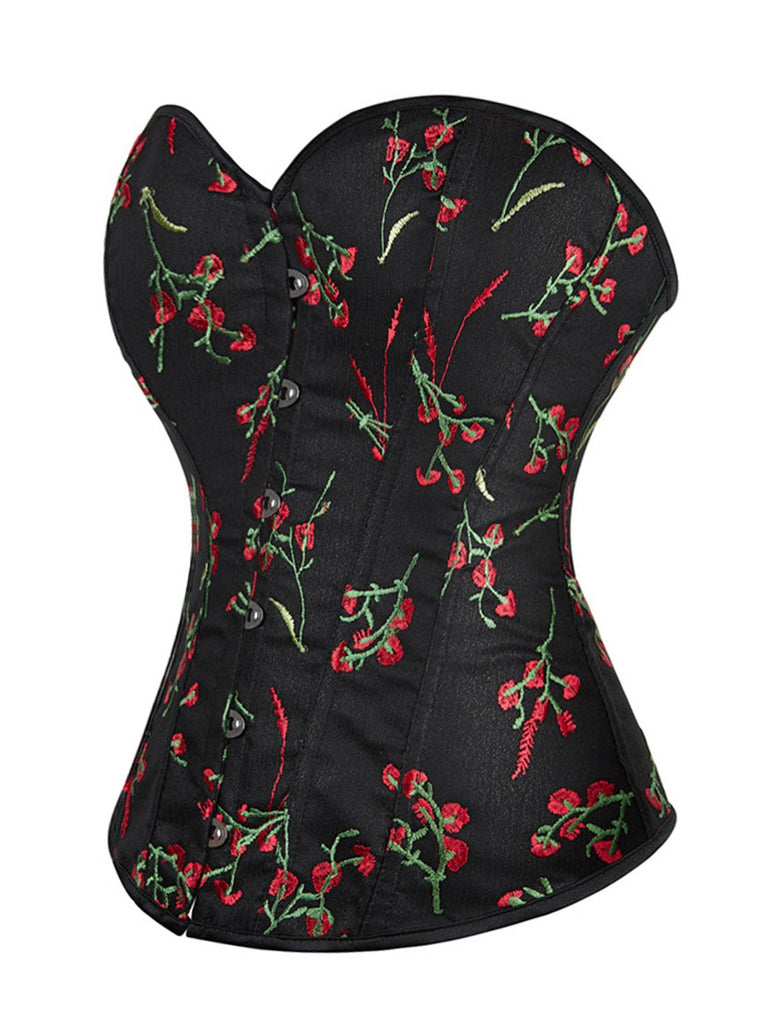 Black 1970s Floral Embroidered Corset Top - vintage fashion, retro style, classic black
