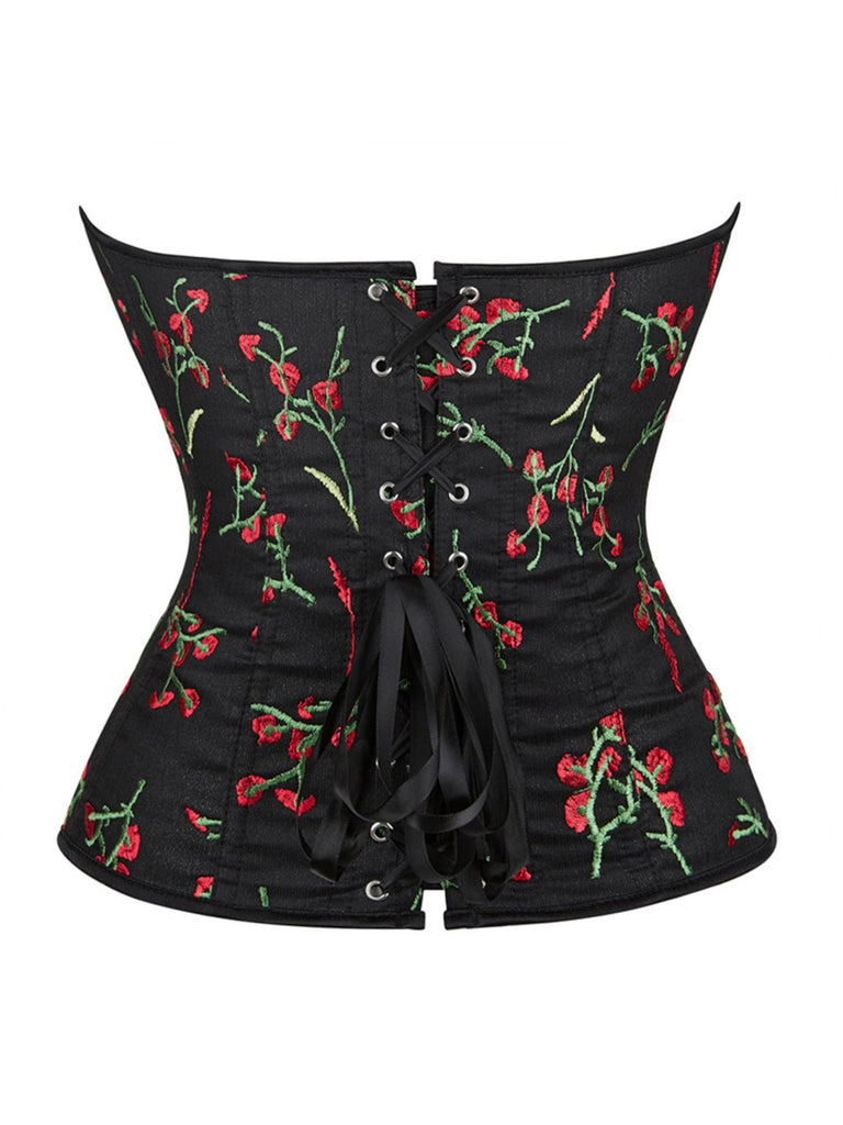 Black 1970s Floral Embroidered Corset Top - vintage fashion, retro style, classic black