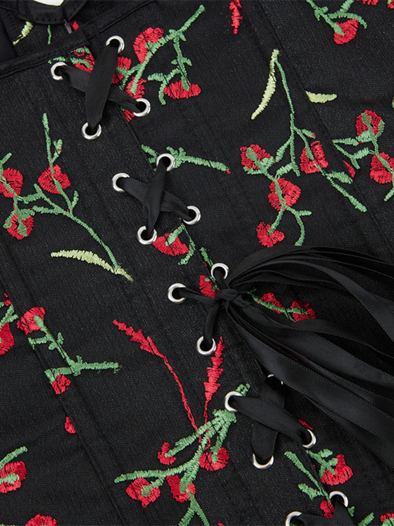 Black 1970s Floral Embroidered Corset Top - vintage fashion, retro style, classic black