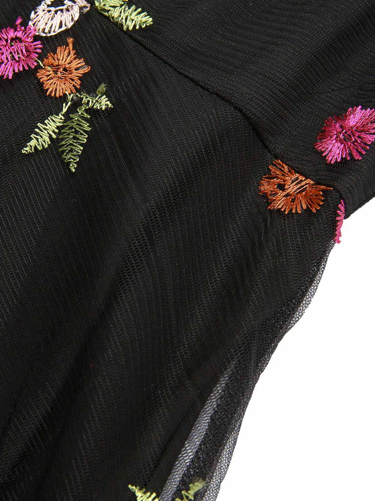 Black 1970s Floral Embroidered Mesh Strap Dress — the kind of 1970s dress that makes strangers smile