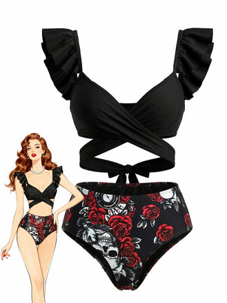 Black 1970s Gothic Ruffle Tankini Set