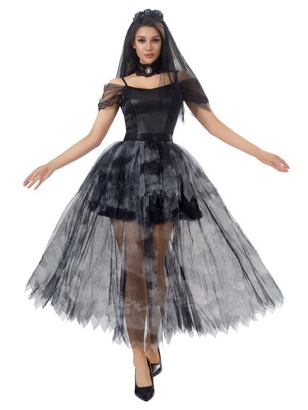 Black 1970s Halloween Ghost Bride Tulle Dress Set - vintage dress, retro fashion, classic black