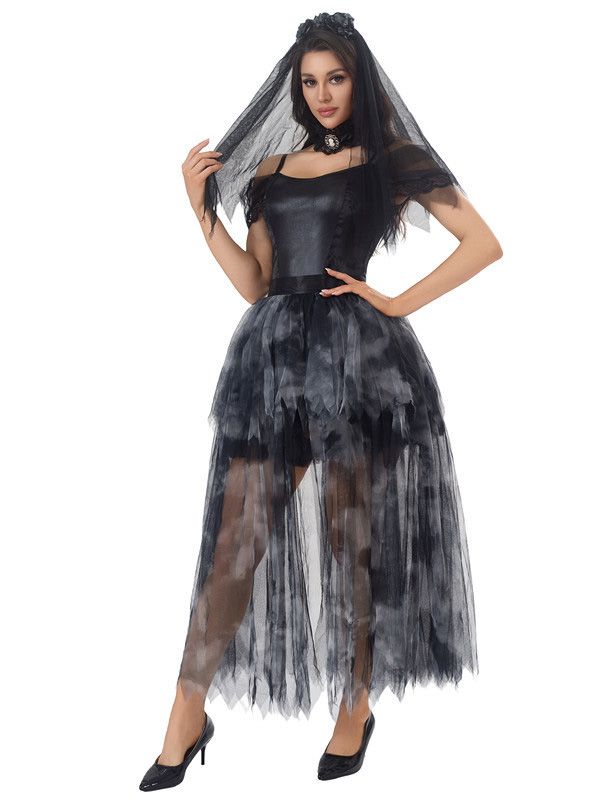 Black 1970s Halloween Ghost Bride Tulle Dress Set - vintage dress, retro fashion, classic black