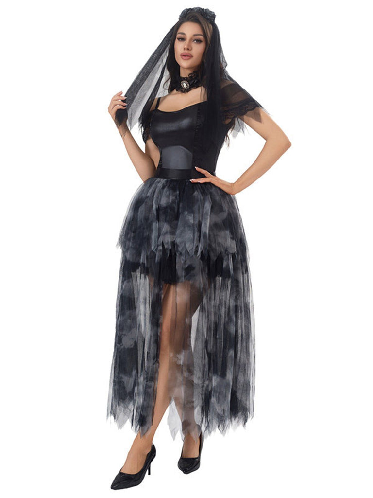 Black 1970s Halloween Ghost Bride Tulle Dress Set - vintage dress, retro fashion, classic black