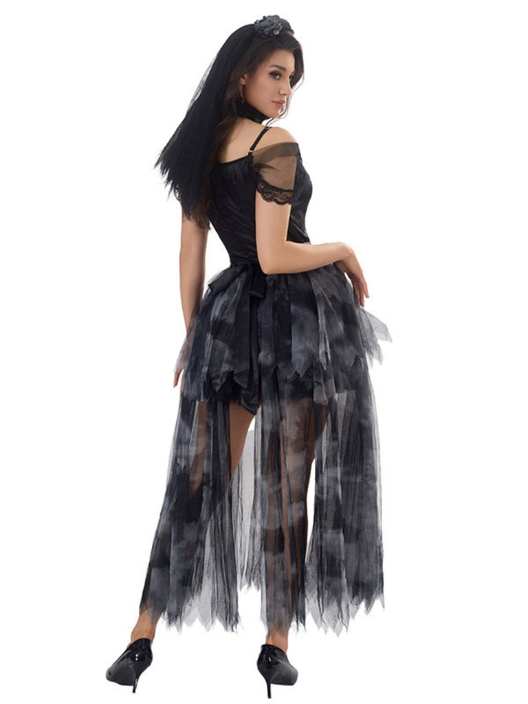 Black 1970s Halloween Ghost Bride Tulle Dress Set - vintage dress, retro fashion, classic black