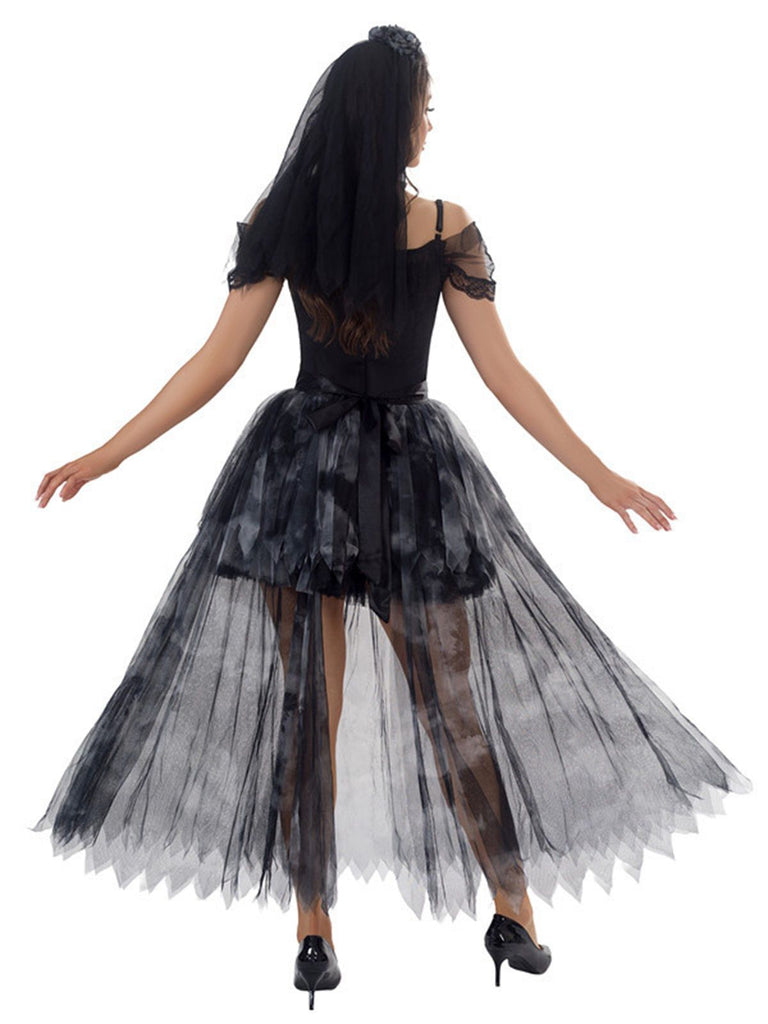 Black 1970s Halloween Ghost Bride Tulle Dress Set - vintage dress, retro fashion, classic black