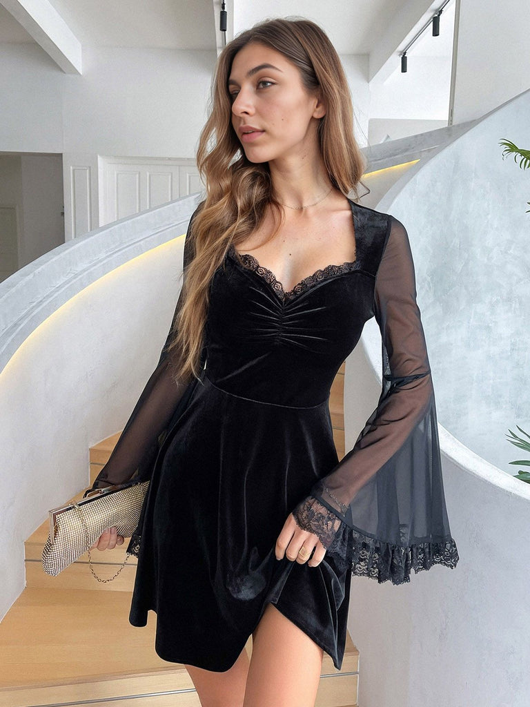 70s black dress with sleeves Vintage 1970s Lace Trumpet Sleeve Gown