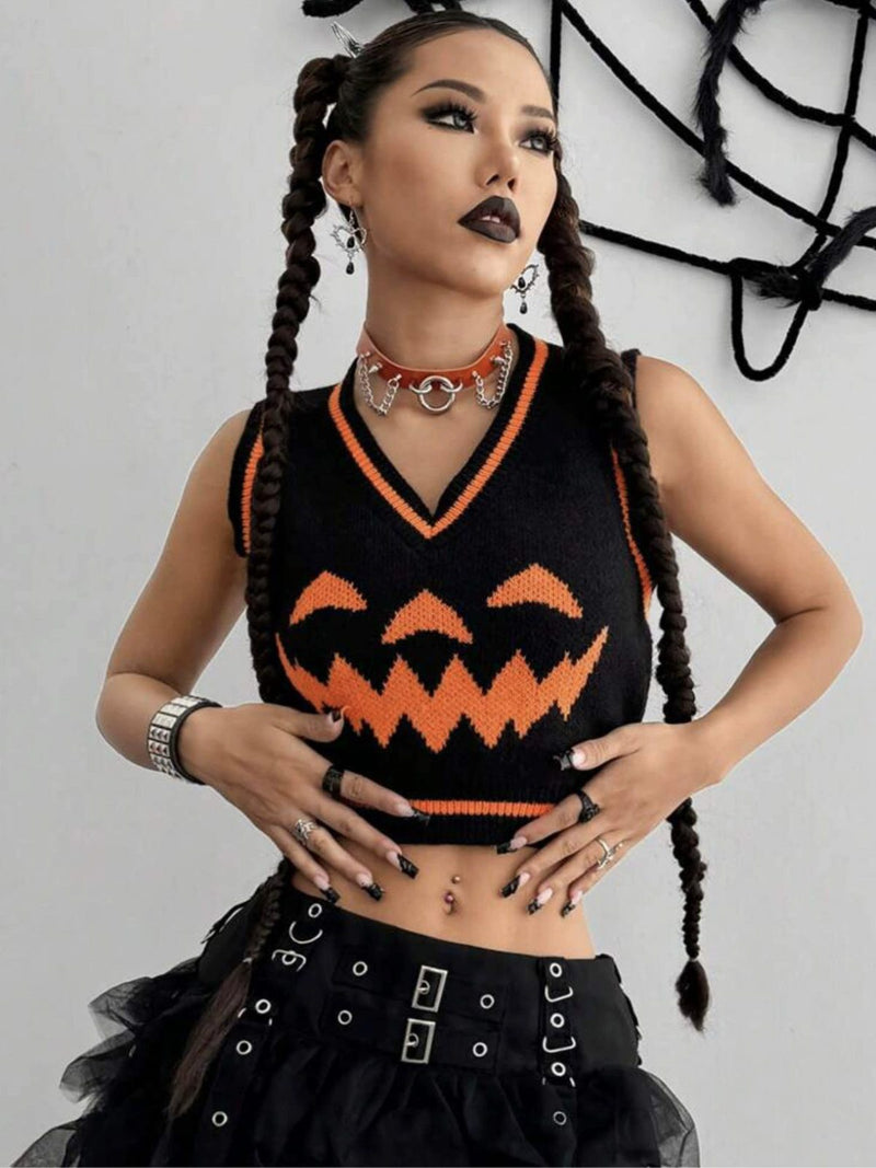 Black 1970s Halloween Pumpkin Face Sweater Vest | Retro Stage