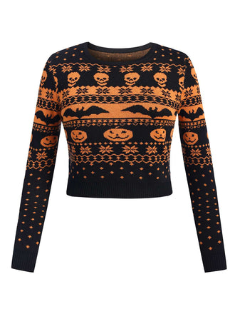 Black 1970s Halloween Skull Bat Crop Sweater, vintage fashion, retro style - perfect for women who love vintage and retro fashion