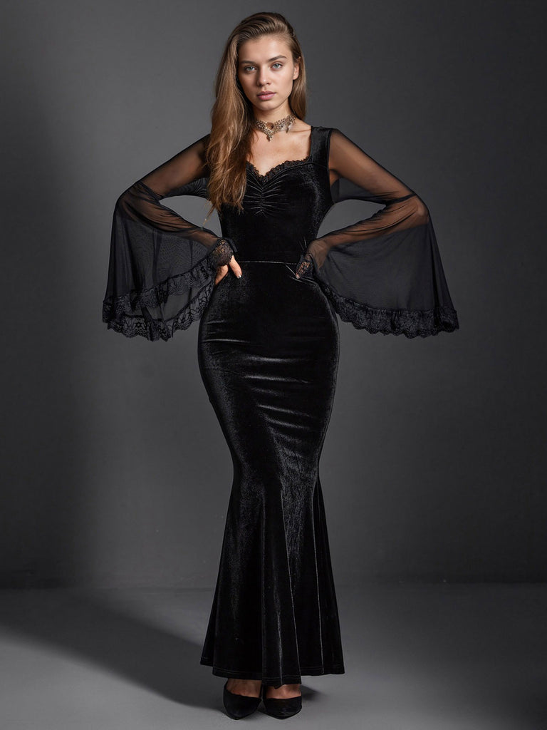 Black 1970s Halloween Solid Lace Dress, vintage dress, retro fashion, lace detail - perfect for women who love vintage and retro fashion