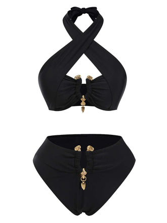 She's wearing Black 1970s Halter Cross-Neck High-Waist Swimsuit and the whole beach remembers the 1970s