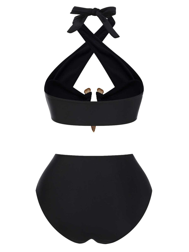 This Black 1970s Halter Cross-Neck High-Waist Swimsuit carries 1970s vacation dreams in every stitch