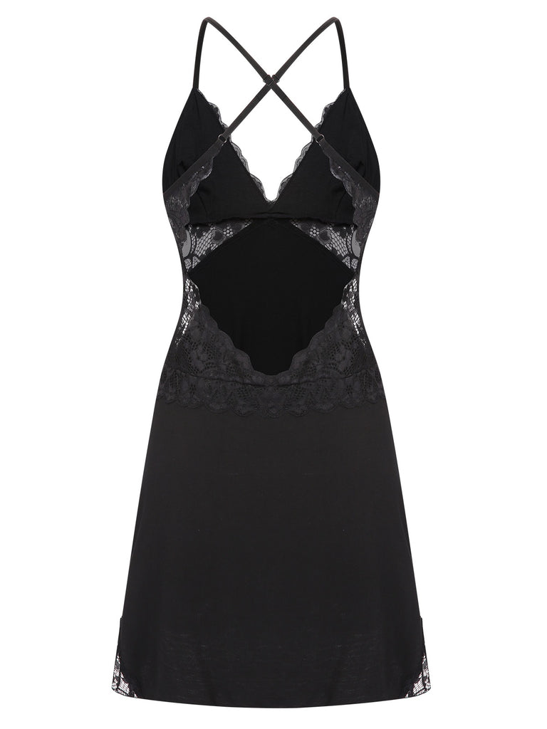 Black 1970s Lace Patchwork Spaghetti Straps Nightgown, vintage fashion, retro style - perfect for women who love vintage and retro fashion