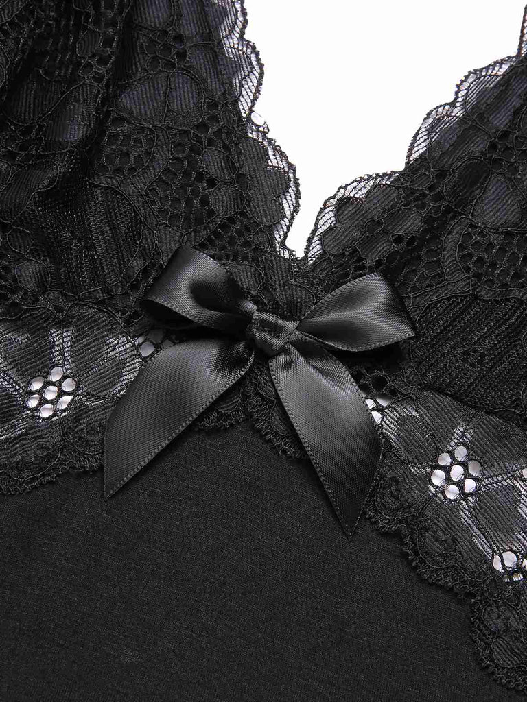 Black 1970s Lace Patchwork Spaghetti Straps Nightgown, vintage fashion, retro style - perfect for women who love vintage and retro fashion