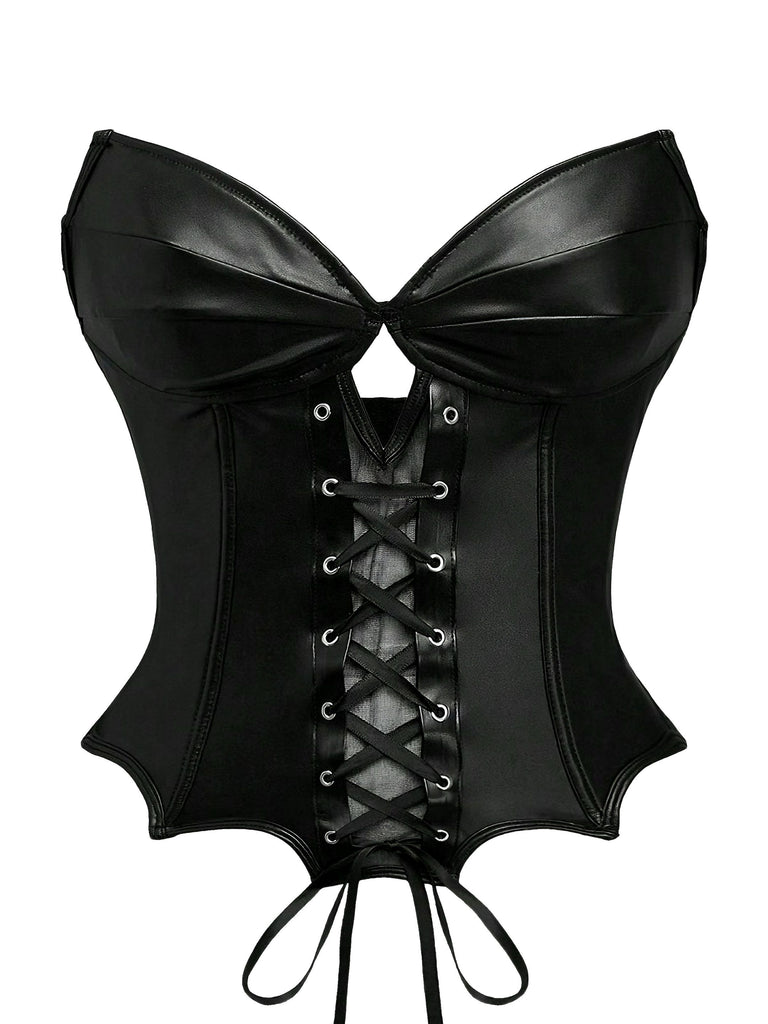 Black 1970s Leather Gothic Bat Wing Corset - vintage fashion, retro style, classic black