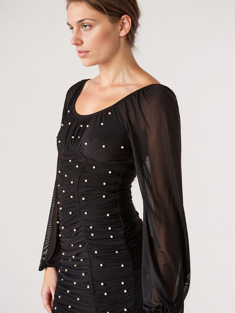 Black 1970s Mesh Off Shoulder Pearl Wrinkle Dress — the kind of 1970s dress that makes strangers smile