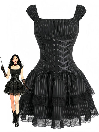 Black 1970s Pinstripe Corset Lace-Up Tiered Lace Dress, vintage dress, retro fashion - vintage inspired fashion