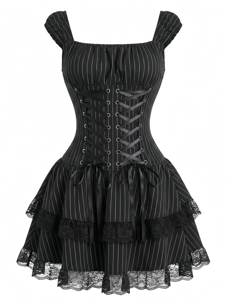 Black 1970s Pinstripe Corset Lace-Up Tiered Lace Dress