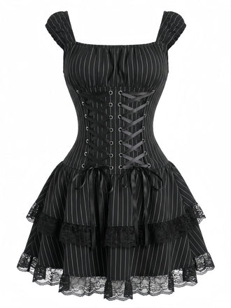 Black 1970s Floral Square Neck Striped Dress