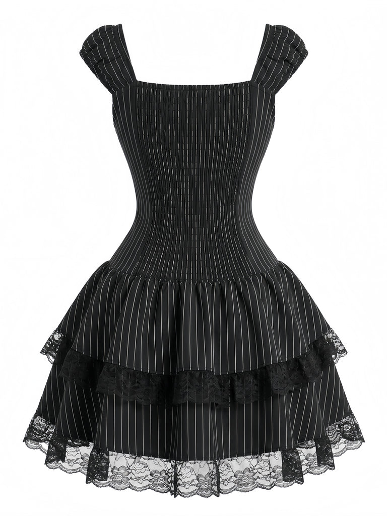 Black 1970s Pinstripe Corset Lace-Up Tiered Lace Dress