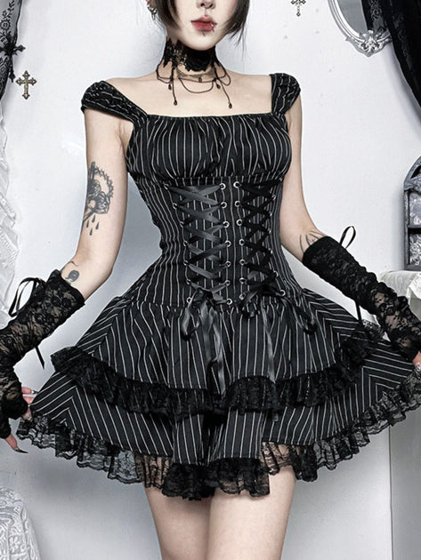 Black 1970s Pinstripe Corset Lace-Up Tiered Lace Dress