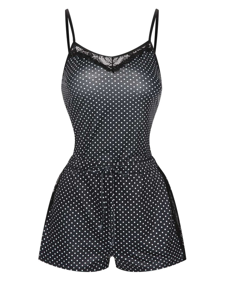 Black 1970s Polka Dots Lace Patchwork Pajamas, vintage pajamas, retro nightwear - perfect for women who love vintage and retro fashion