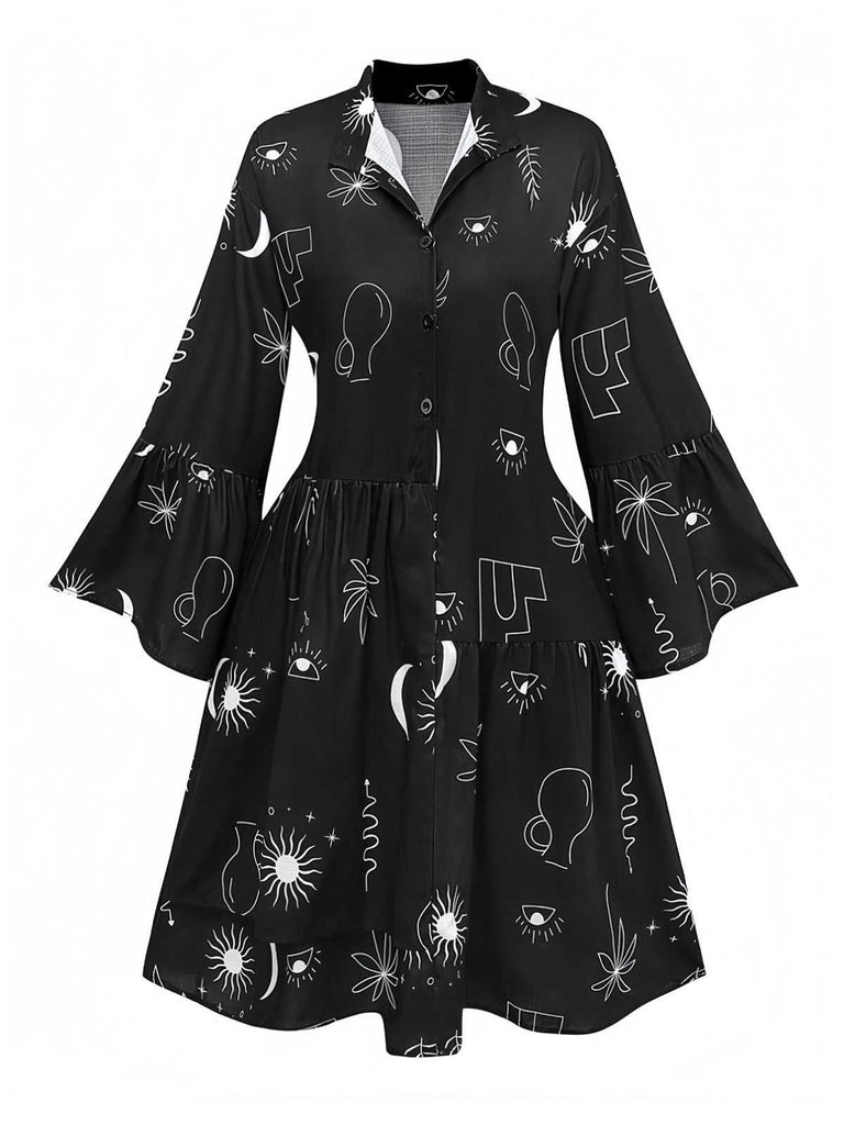 Black 1970s Printed Flare Sleeve Shirt Dress - vintage dress, retro fashion, classic black