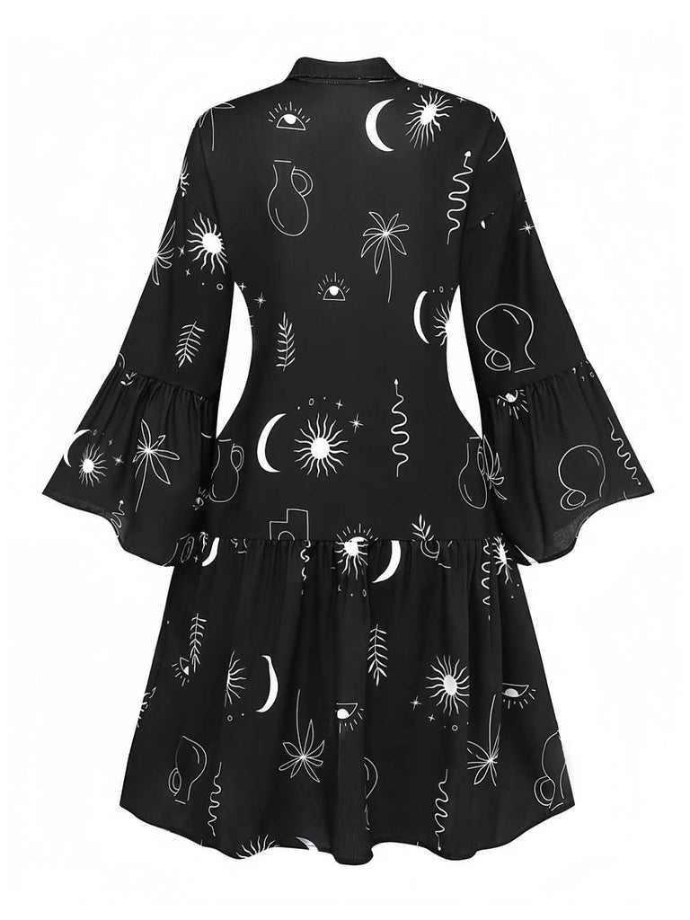 Black 1970s Printed Flare Sleeve Shirt Dress - vintage dress, retro fashion, classic black