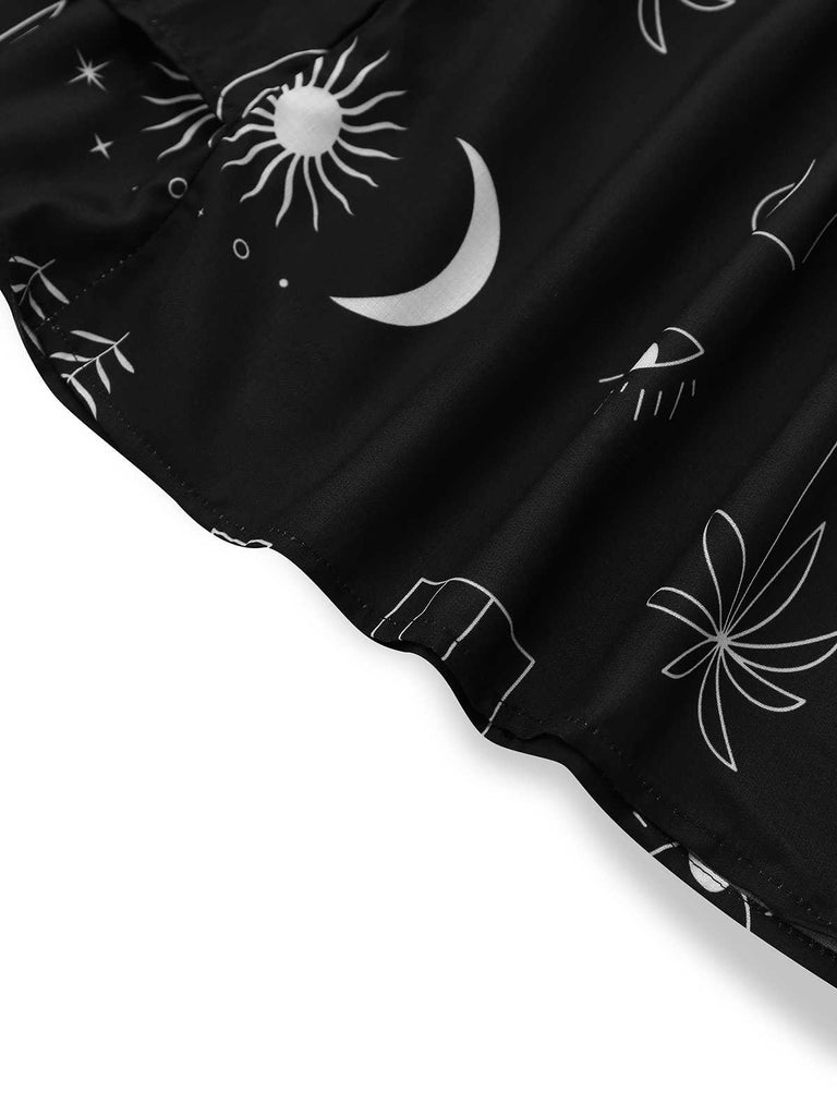 Black 1970s Printed Flare Sleeve Shirt Dress - vintage dress, retro fashion, classic black