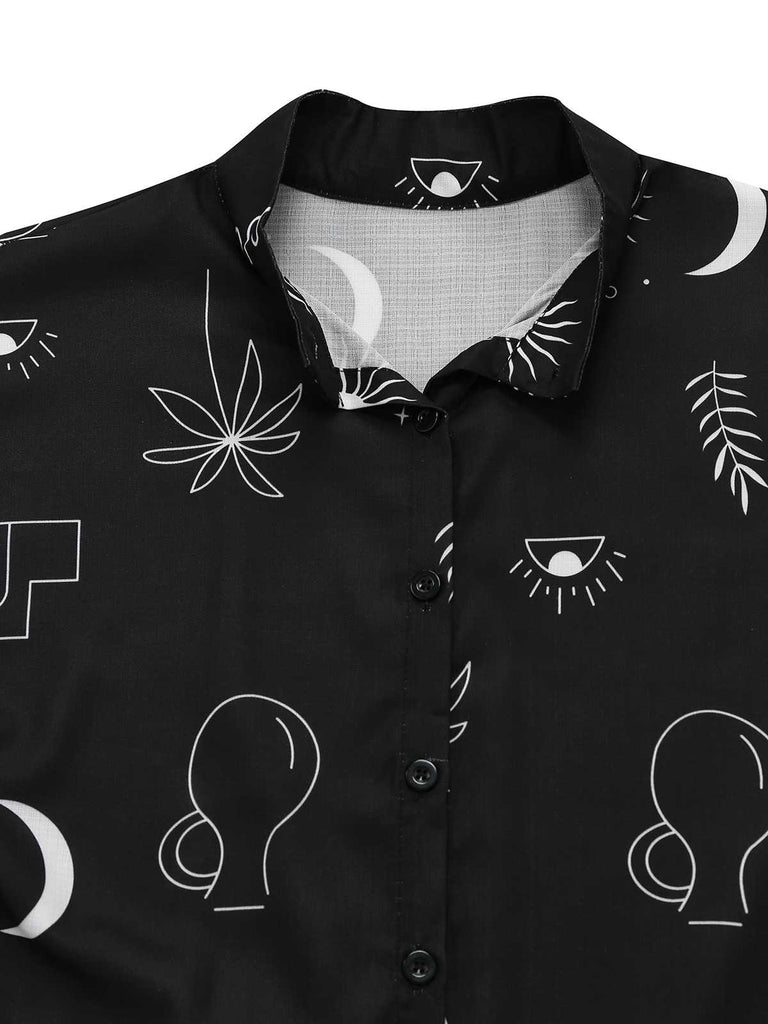 Black 1970s Printed Flare Sleeve Shirt Dress - vintage dress, retro fashion, classic black