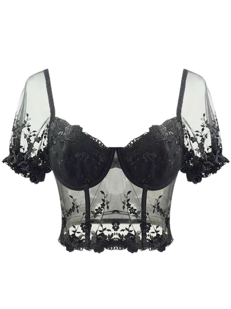 Black 1970s Puff Sleeve Lace Corset Top - vintage fashion, retro style, classic black