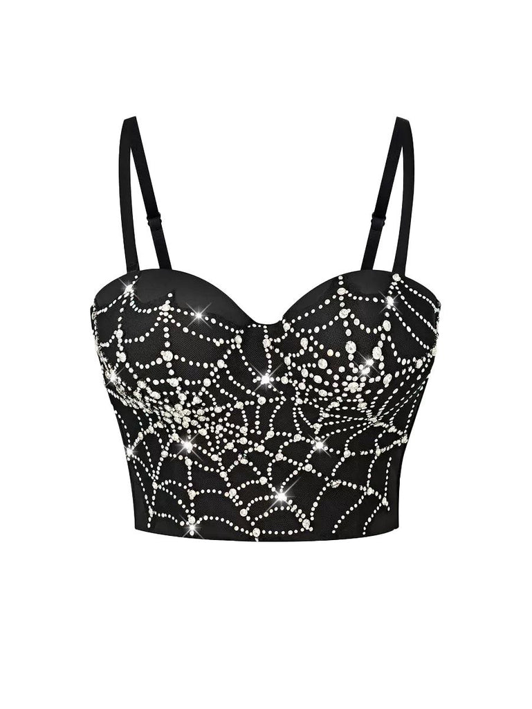 Black 1970s Rhinestone Spider Web Crop Top - vintage fashion, retro style, classic black