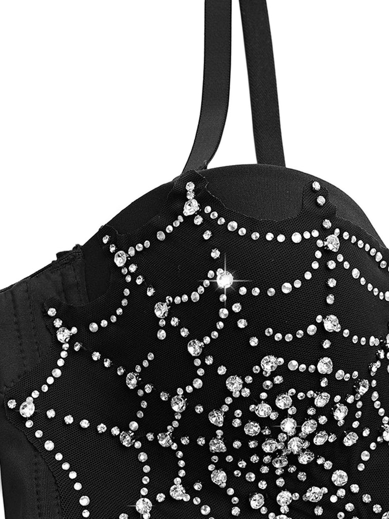 Black 1970s Rhinestone Spider Web Crop Top - vintage fashion, retro style, classic black