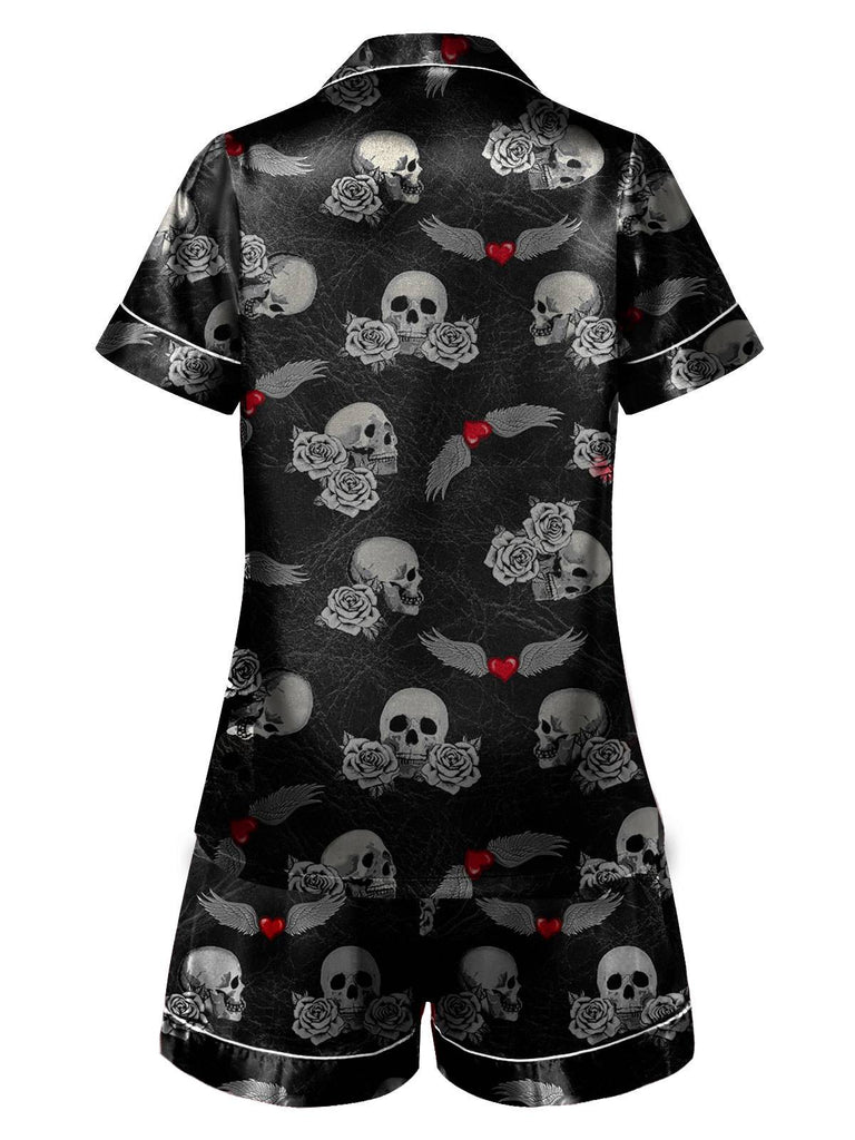 Black 1970s Rose Skull Lapel Pajamas: timeless 1970s elegance she makes her own