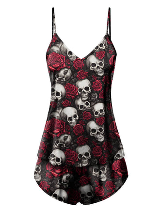 She finds her 1970s story in this Black 1970s Rose Skull Spaghetti Straps Pajamas