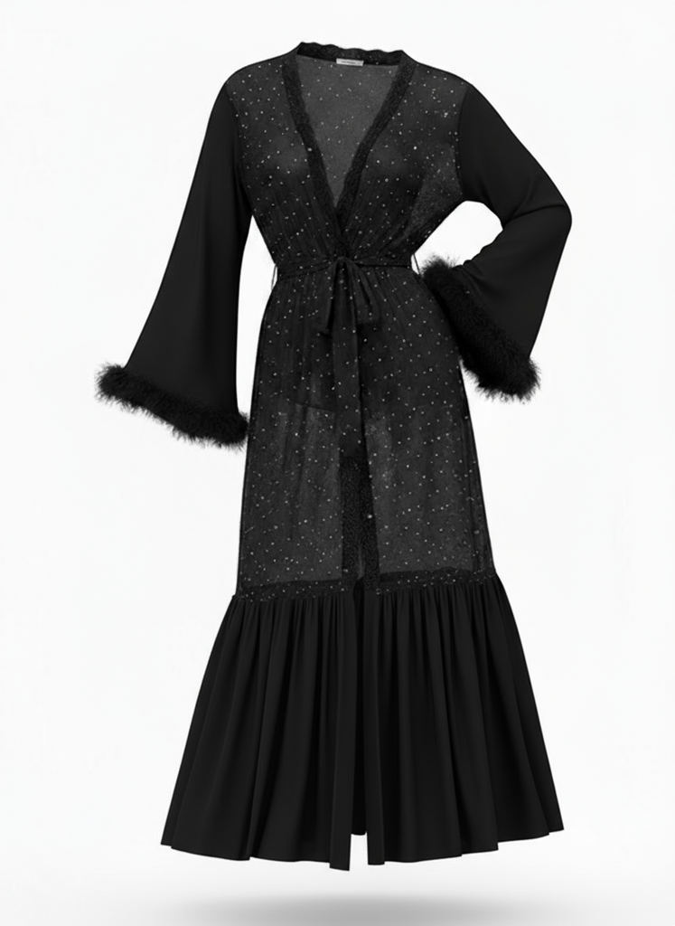 Black Styled Robe Black 1970s Sheer Glitter Mesh Belted Robes | Retro Stage
