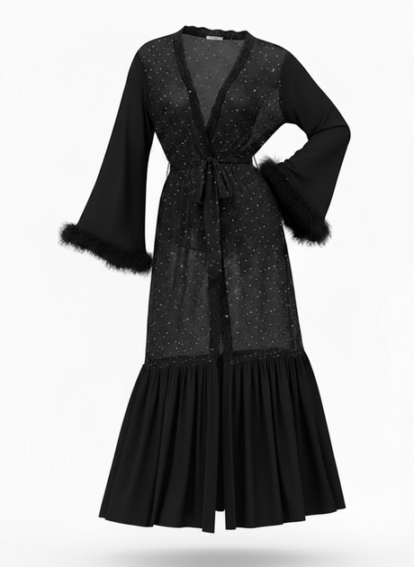 Black 1970s Sheer Glitter Mesh Belted Robes | Retro Stage
