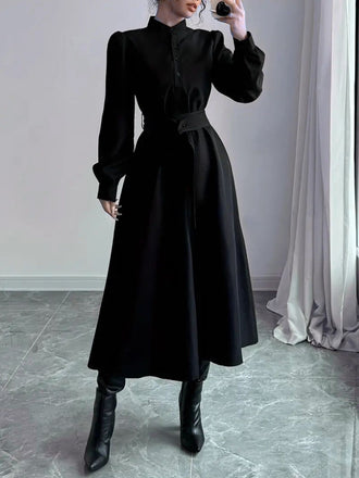 Black 1970s Solid Button Belted Dress - vintage dress, retro fashion, classic black