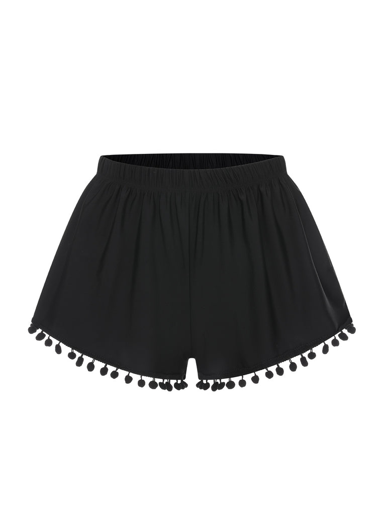 Black 1970s Solid Fur Ball Tassel Shorts, vintage fashion, retro style - perfect for women who love vintage and retro fashion