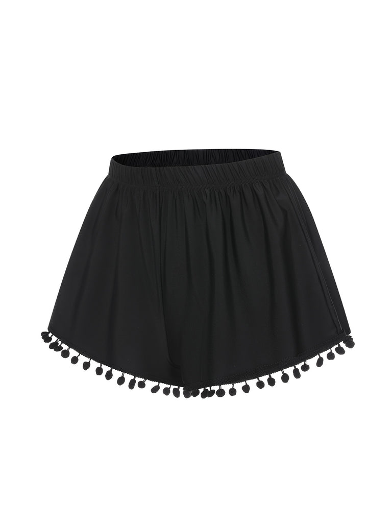 Black 1970s Solid Fur Ball Tassel Shorts, vintage fashion, retro style - perfect for women who love vintage and retro fashion