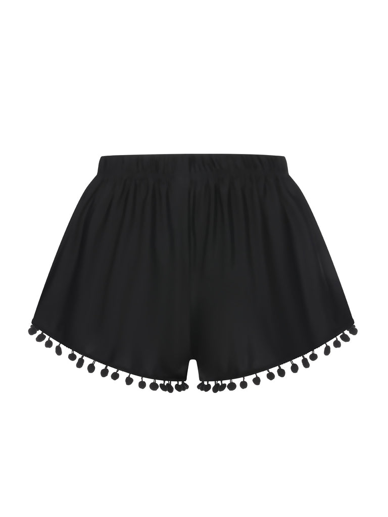 Black 1970s Solid Fur Ball Tassel Shorts, vintage fashion, retro style - perfect for women who love vintage and retro fashion