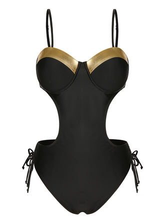 Black 1970s Spaghetti Strap Hollow One-Piece Swimsuit, vintage swimsuit, pin-up swimwear - perfect for women who love vintage and retro fashion