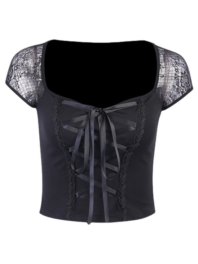 Black 1970s Steampunk Gothic Lace Tie-Front Top - vintage fashion, retro style, classic black