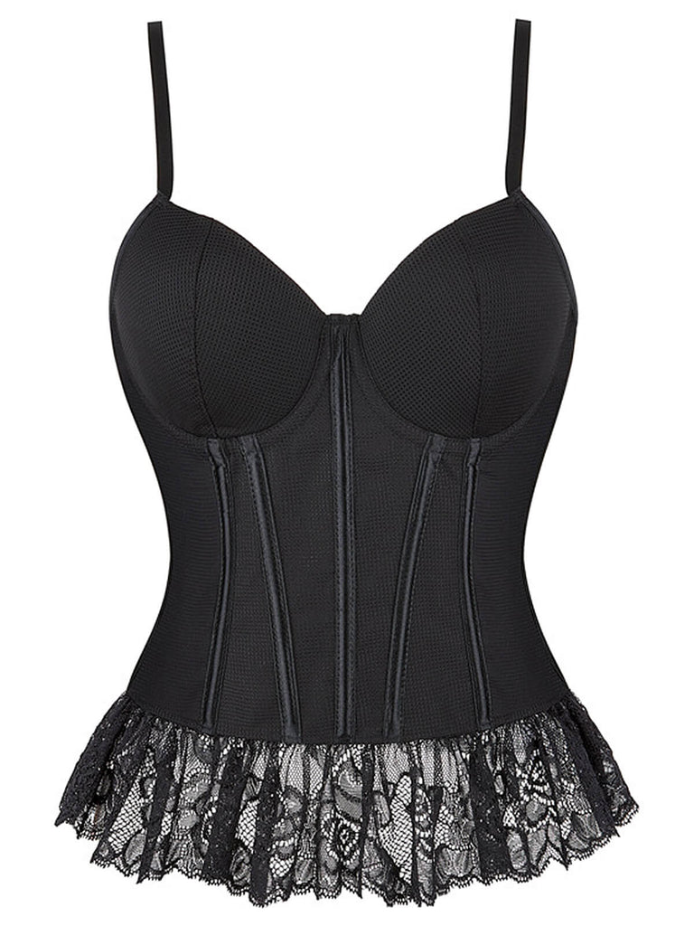 She slips into Black 1970s Steampunk Lace Patchwork Strap Corset and channels 1970s screen sirens