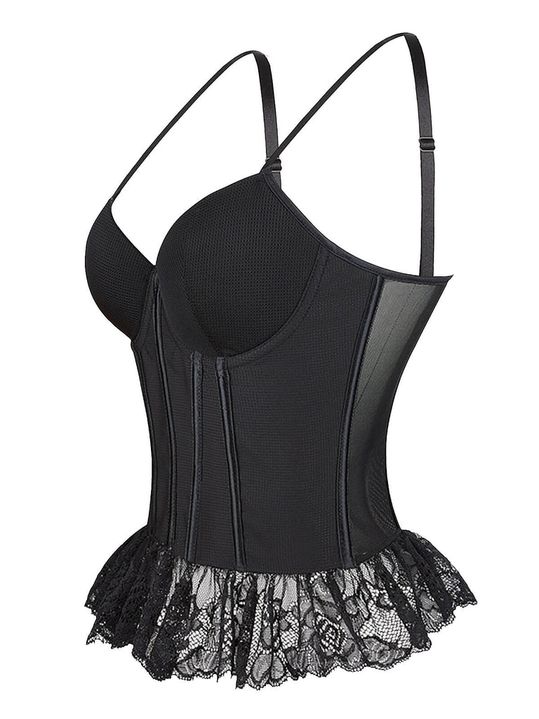 Black 1970s Steampunk Lace Patchwork Strap Corset: 1970s allure for the woman who knows her power