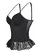 Black 1970s Steampunk Lace Patchwork Strap Corset: 1970s allure for the woman who knows her power