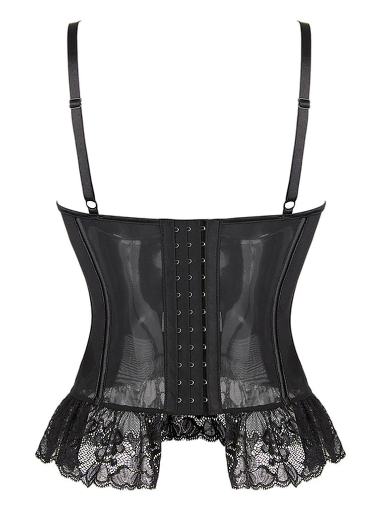 This Black 1970s Steampunk Lace Patchwork Strap Corset is 1970s romance against her skin