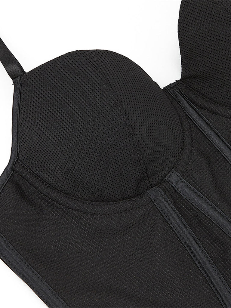 Black 1970s Steampunk Lace Patchwork Strap Corset — because 1970s glamour starts underneath